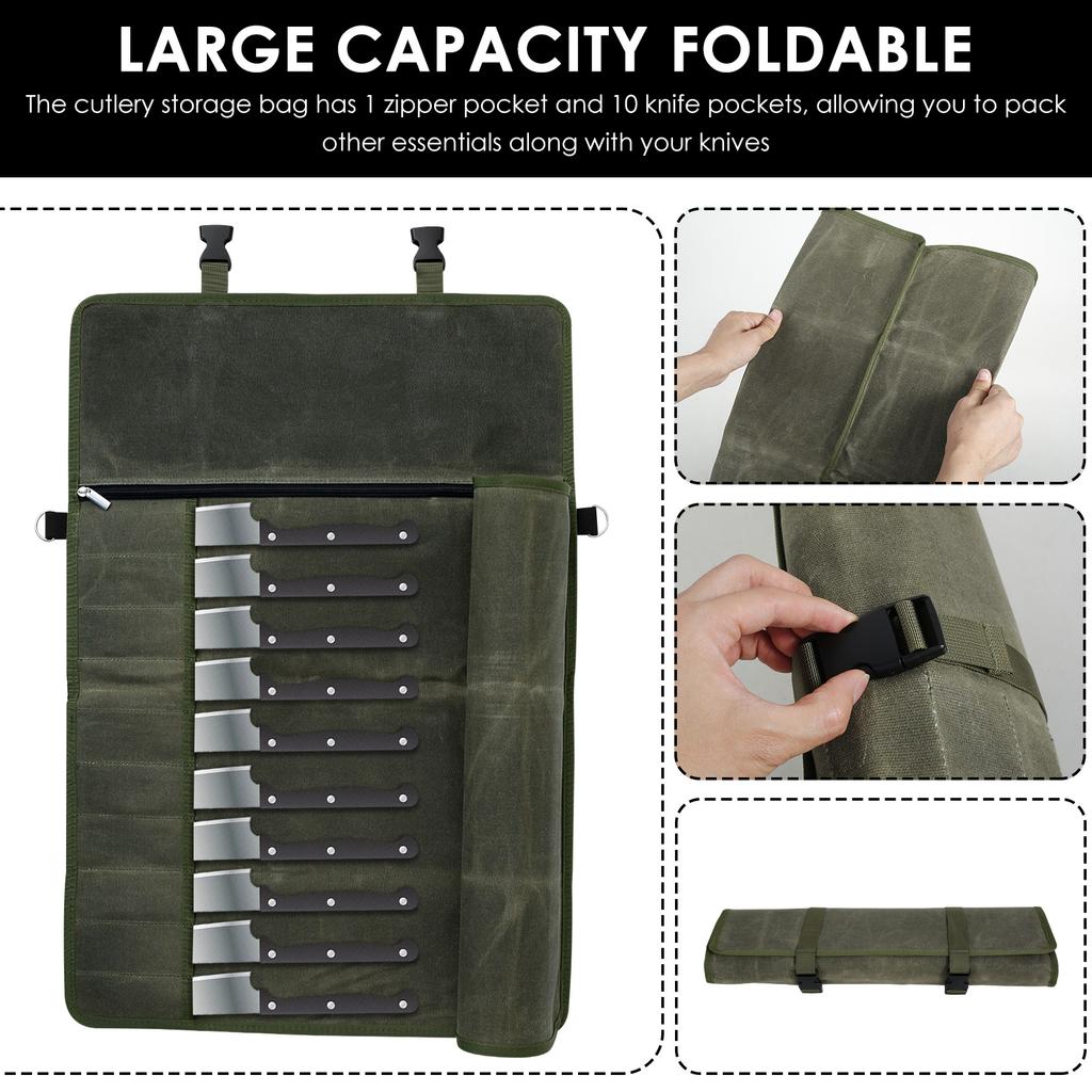 10 Slots Knife Roll Bag Waterproof Canvas Chef Knife Bag with Zipper Pocket Portable Durable Storage Pockets for Cutting Tools