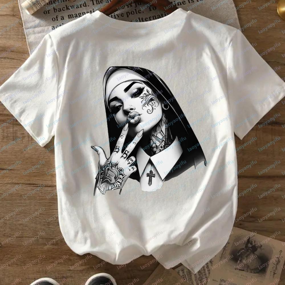 Womens Rebel Nun Print Short Sleeve Top with Modern Design and Round Neck Womens Clothing Comfortable Fit Ideal Gothic Tops