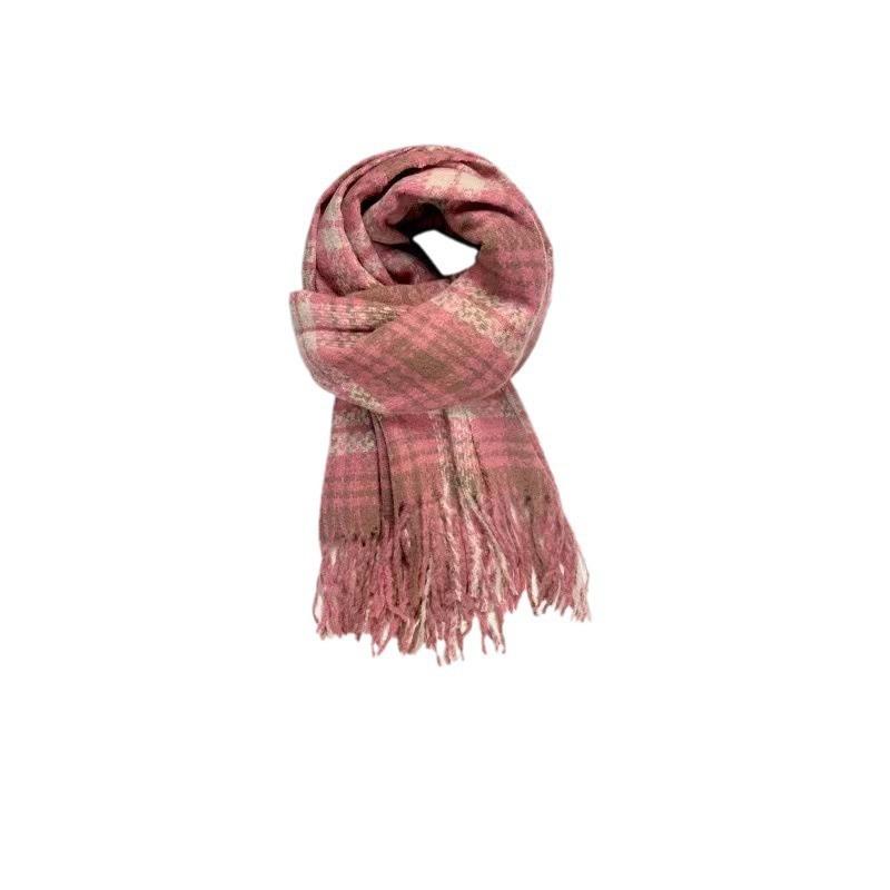 Plaid Scarf Women's Korean Style Warm Atmosphere New Dry Rose Pink Whitening Soft Tassel Shawl Scarf