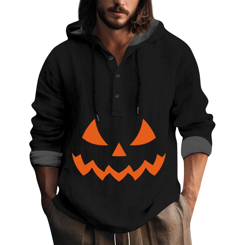 Halloween Printed Hooded Men's Oversized Drawstring Button Hoodie