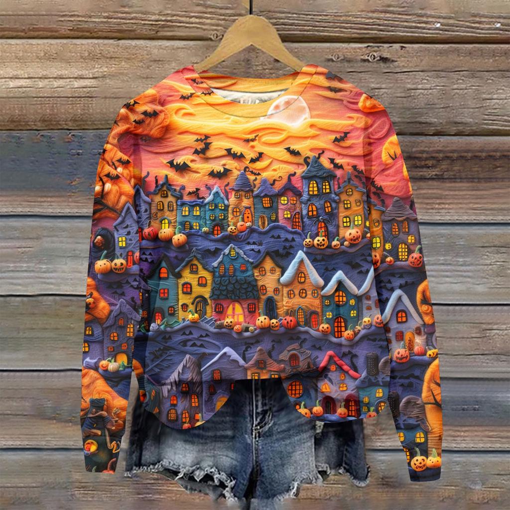 Женский осенне-зимний топ с круглым вырезом и длинными рукавами, милый свитер-пуловер с принтом 3D на тему Хэллоуина