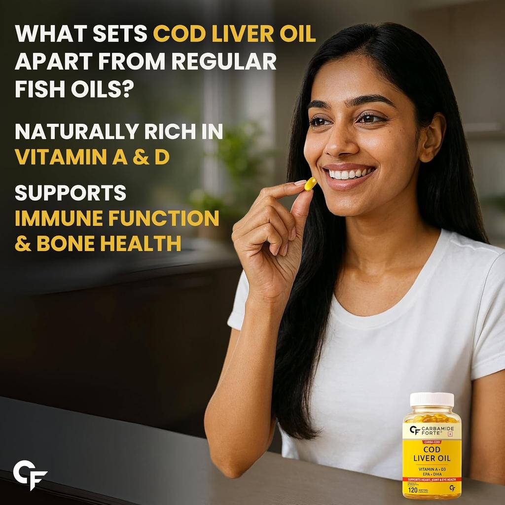 Carbamide Forte Cod Liver Oil Omega 3 FishOil 300mg (120 Softgels Capsules ) with Vitamin D3 Lemon Flavour
