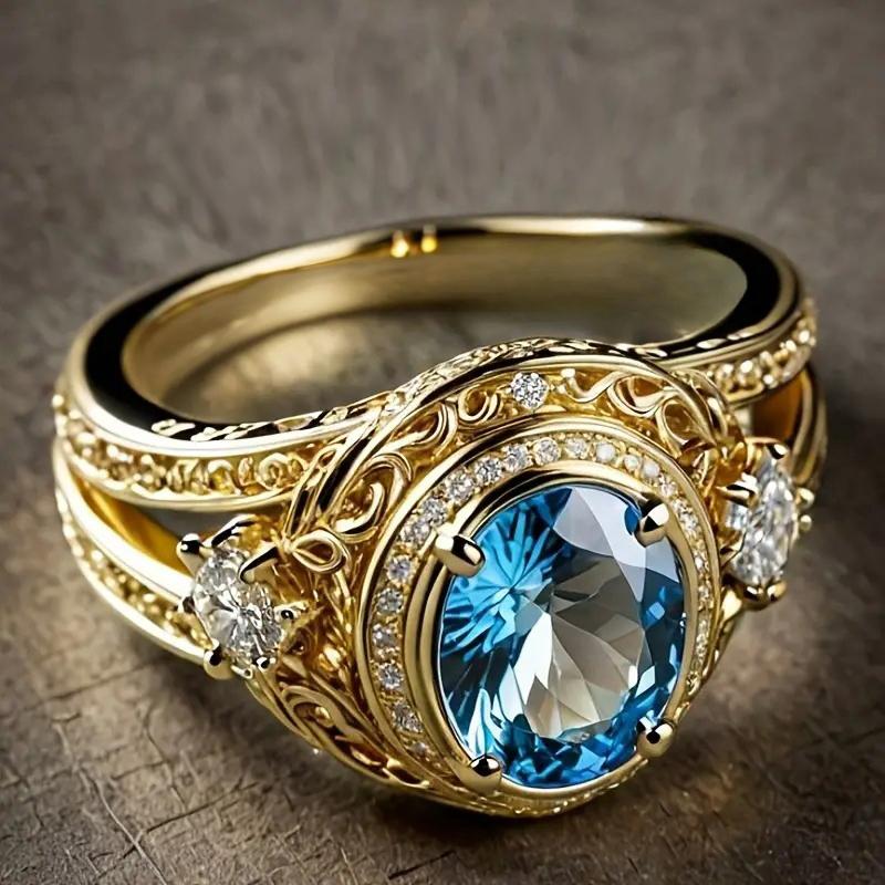 Huitan Classic Elegant Ring for Women Party Wedding Luxury Finger Accessories Gold Color Delicate Jewelry Inlaid Shiny Blue CZ
