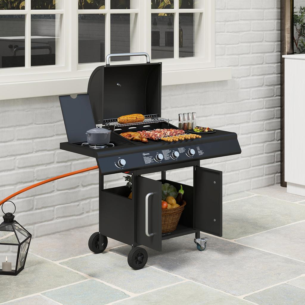Portable Gas Grill With Storage Space Side Table Side Burner Warming Rack Thermometer Stainless Steel Black