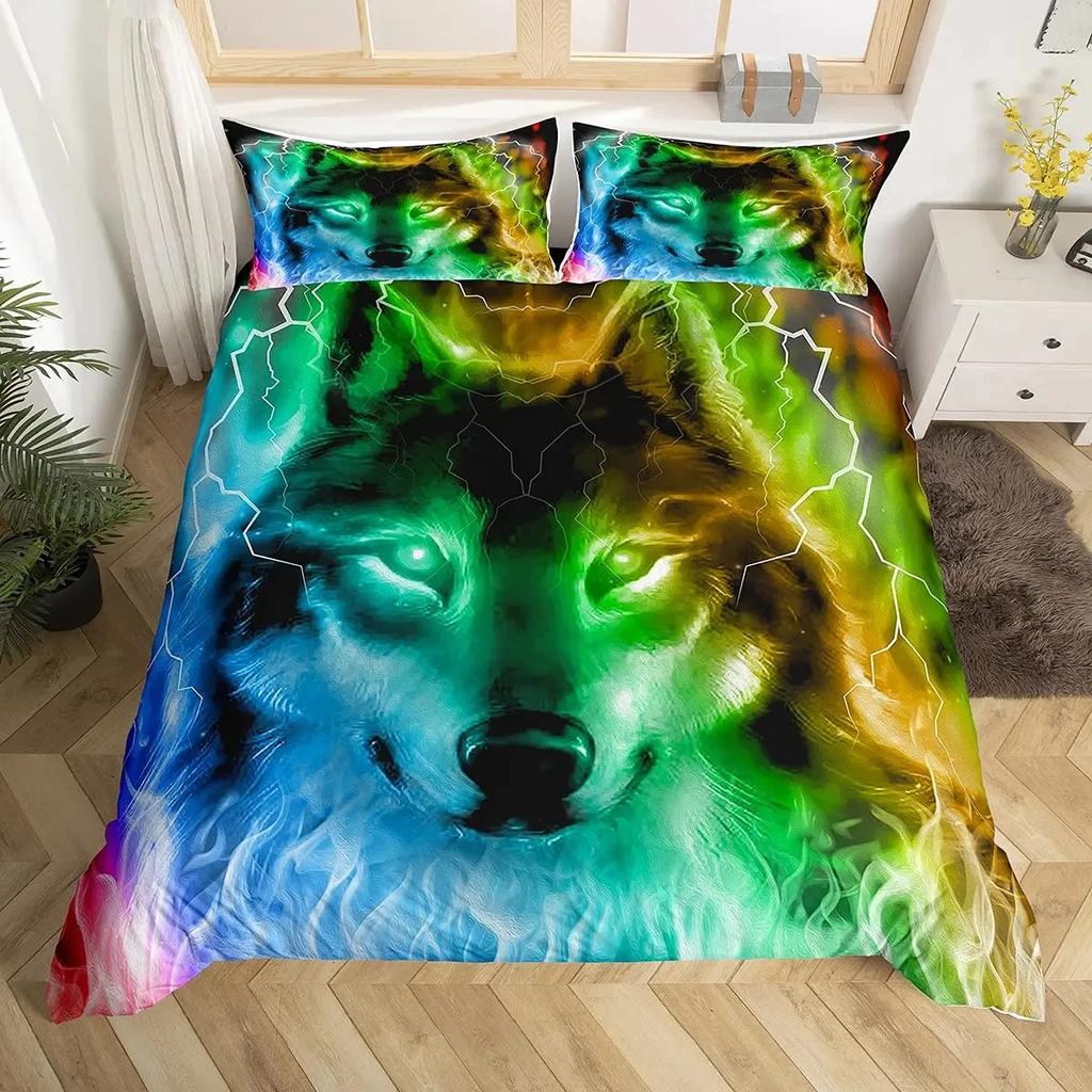 Boys Wolf Duvet Cover Set Queen Size Boho Wolf Wildlife Animal Bedding Set Men Galaxy Dream Catcher Moon Polyester Quilt Cover