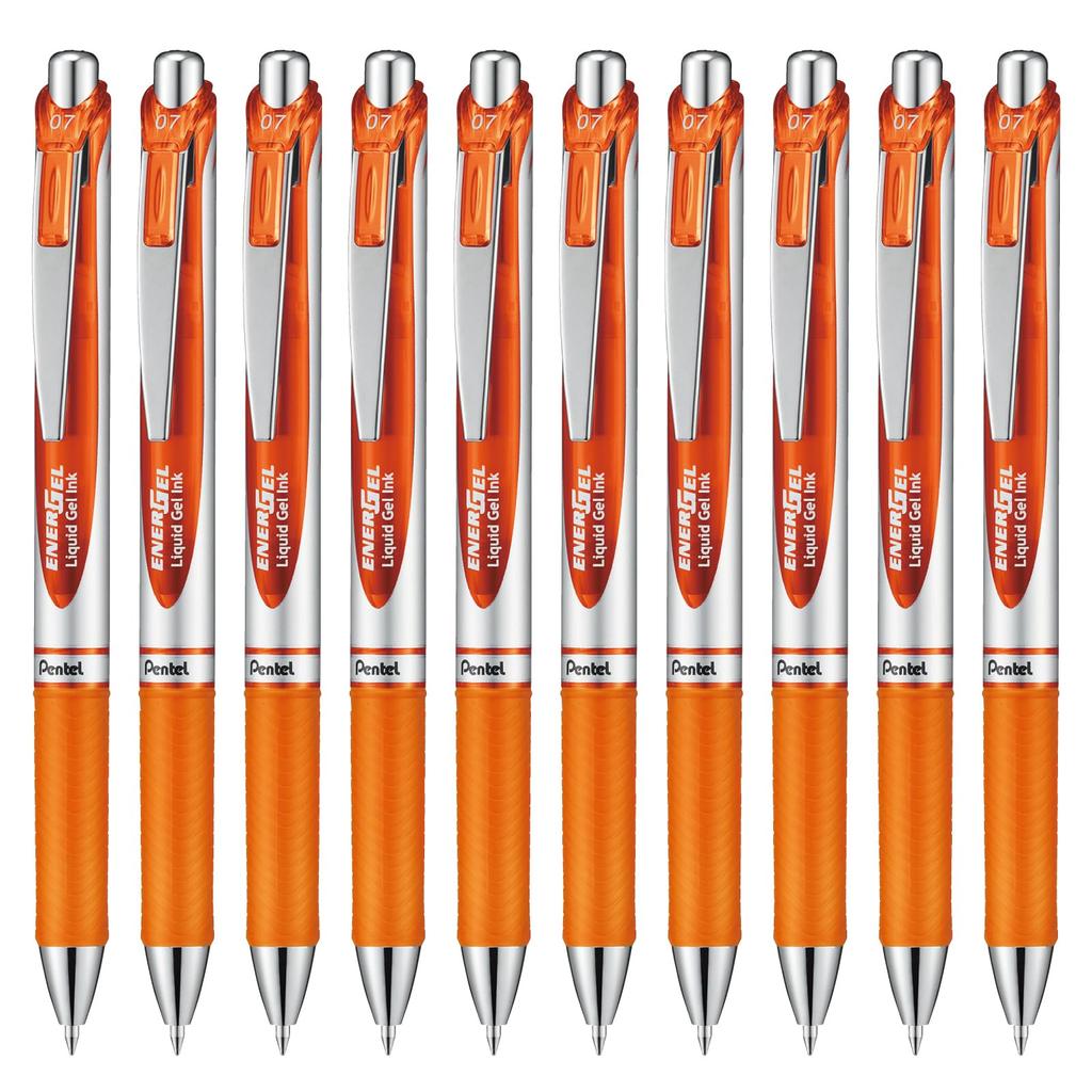Pentel Energel Gel Ink Ballpoint Knock Silver 10 Pens Pen, Type, 0.7mm, Barrel, BL77-F, Orange,