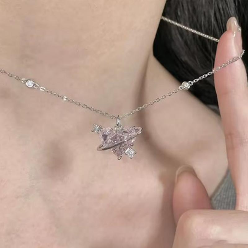 Сладкая Розовая Любовь Смола Циркон Звезда Металлическая Цепочка Кулон Сердце Ожерелье Для Женщин Чокер Вечеринка Ювелирные Изделия