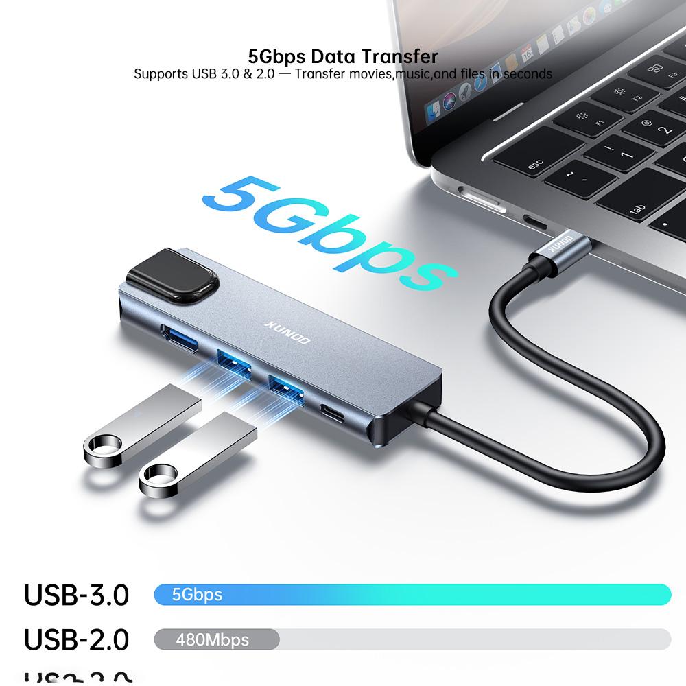 XUNDD XDDC-070 Multi-Port Adapter 5 in 1 USB-C Hub with 4K HD / Ethernet / PD Charging Ports