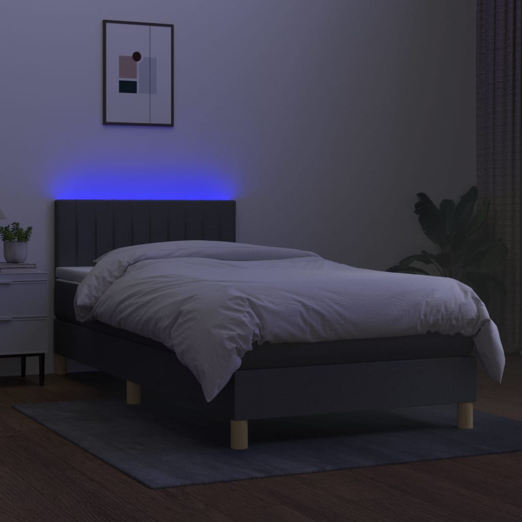 Box Spring Bed with Mattress & LED Dark Grey 90x200 cm Fabric