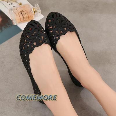 Женские туфли на плоской подошве с отверстиями из желе Летние пляжные сандалии для бассейна Нескользящие с острым носком Прочные дышащие повседневные черные