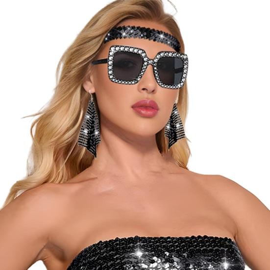 5 Pcs/Set Women Jewelry Set Sequin Rhinestone Decor Vintage 60s 70s Disco Party Favors Cosplay Earrings Sunglasses Bracelet Headband Scarf Set