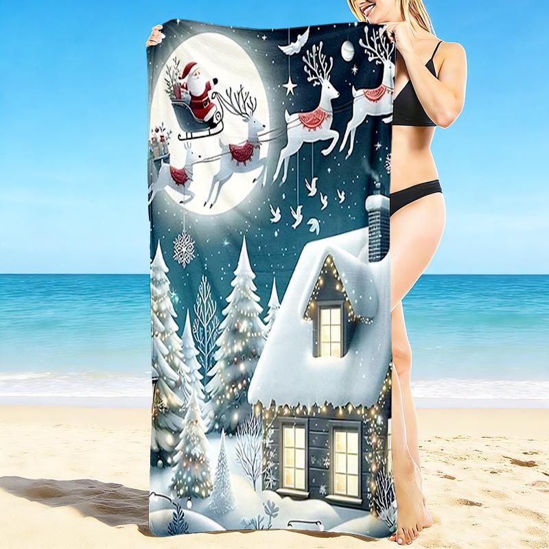 1Pc Christmas Night Scene Beach Towel, Quick Dry, Multi-Use for Beach Pool Gym Yoga Home Travel, Christmas, Halloween, Xmas Gift S356