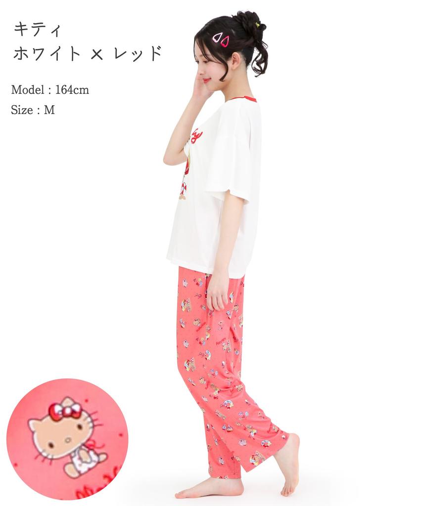 SAZAC Персиковый бок Hello Kitty Пижама Пудровый стрейч Комплект с коротким рукавом и длинными брюками x Комплект, Ткань, Женский (Белый Красный/M/SAN1950)