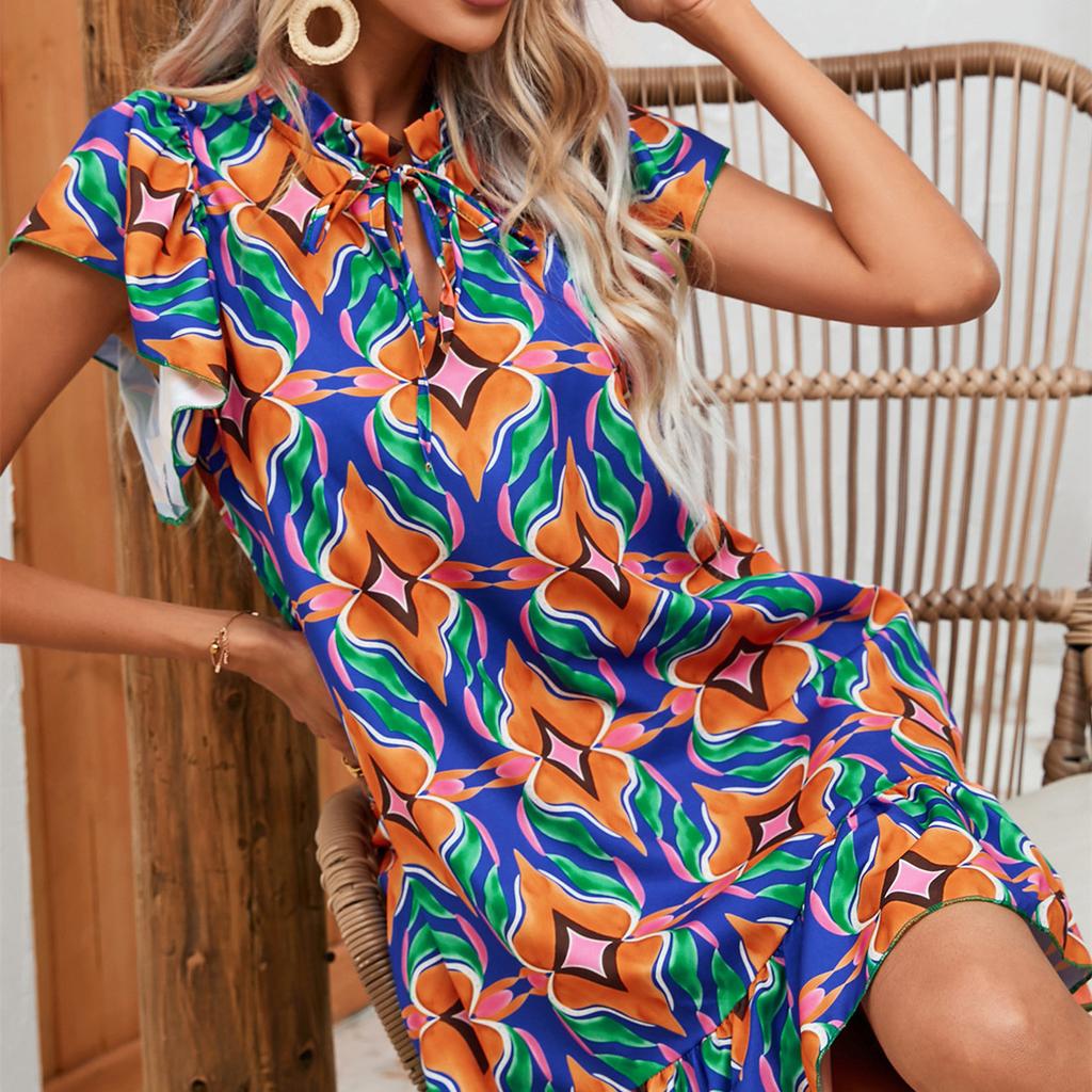 QICED Женская мода лето весна ромбовидный принт с коротким рукавом и круглым вырезом с высокой талией повседневные платья