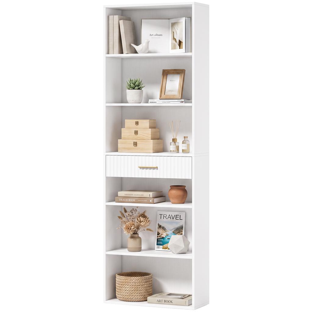 Bookcase Narrow Tall Space Saving Bookshelf Drawer Open Shelves 60 X 24 X 182 Cm White