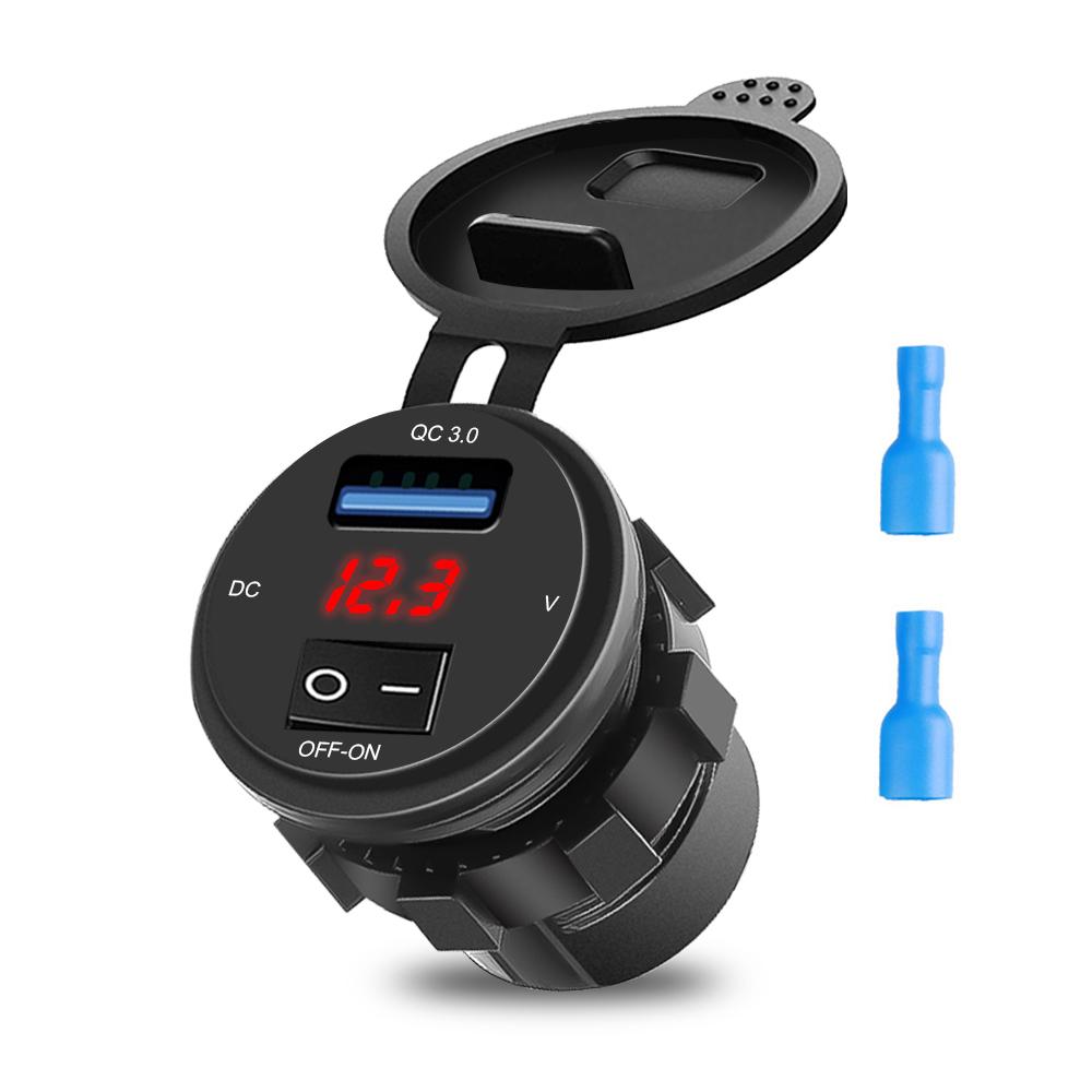 Автомобильное зарядное устройство QC 3.0 USB, цифровой светодиодный дисплей, вольтметр с выключателем ВКЛ-ВЫКЛ для автомобильного адаптера для мотоцикла, аксессуары для интерьера