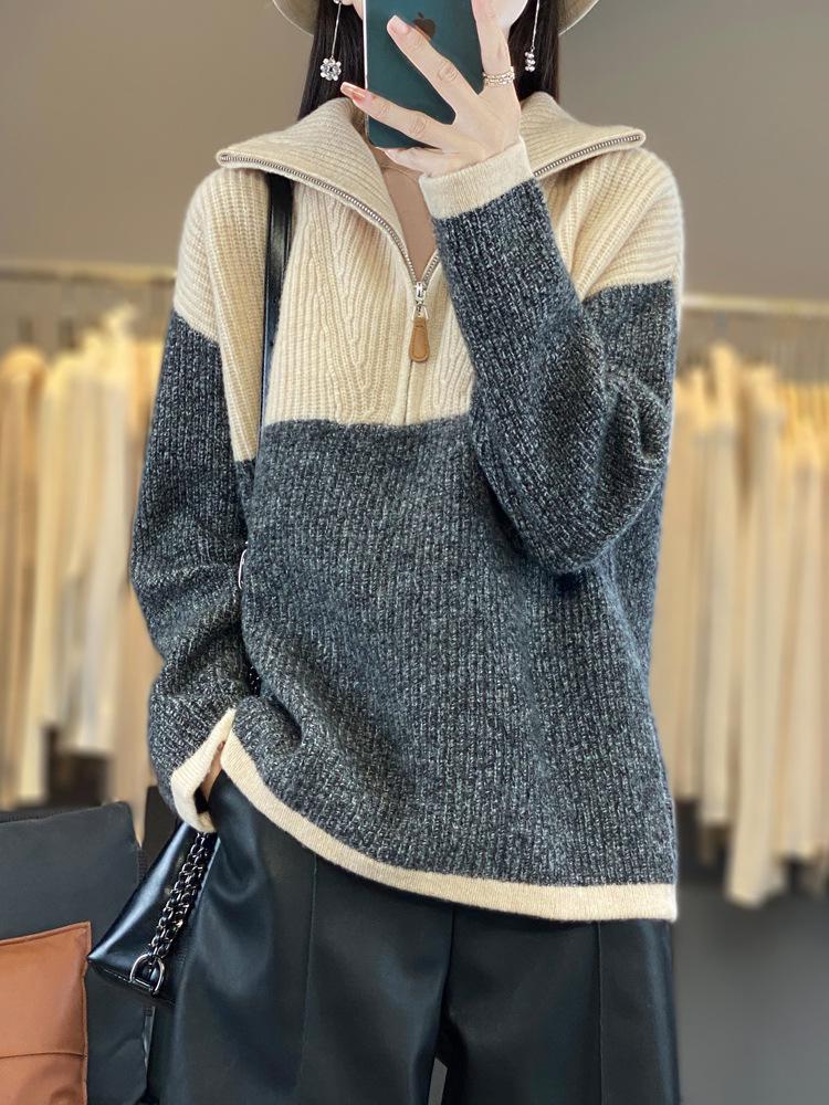 Color Block Wool Cashmere Sweater - Women's High-End Knitted Half-Open Collar Top