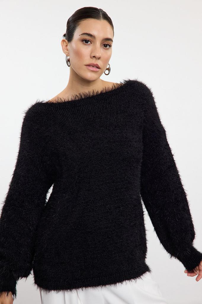 Женский модный стильный свитер, черный вязаный свитер с отложным воротником и волосатым воротником