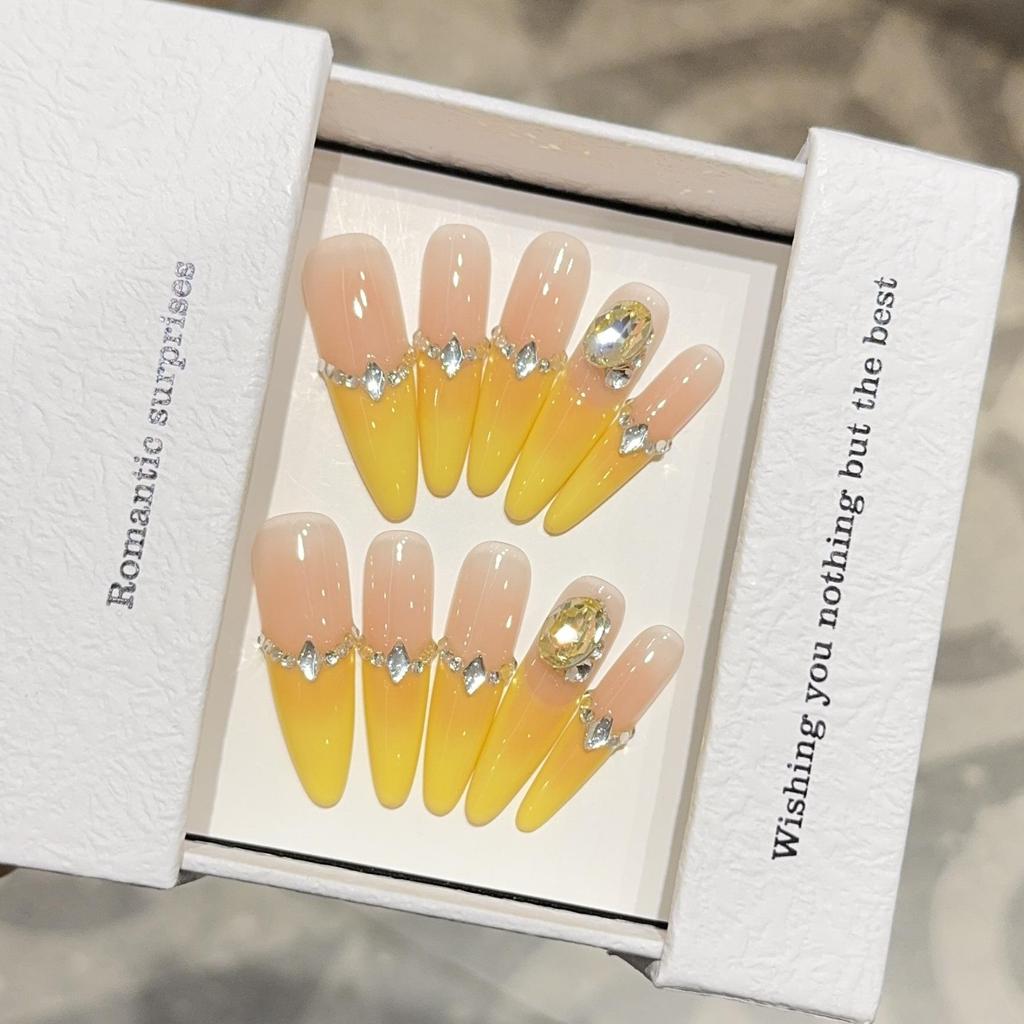 French Yellow Luxury Bling Diamond Handmade Medium-Long Blush Fake Nails