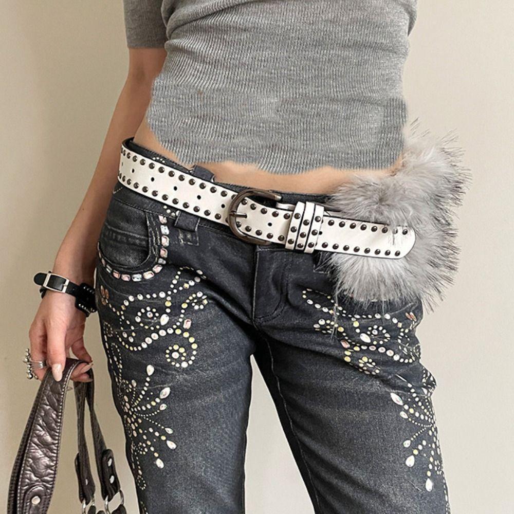 Western Style Y2K Waistband Rivet Plush Belt Simple Leather Fur Belt  Daily