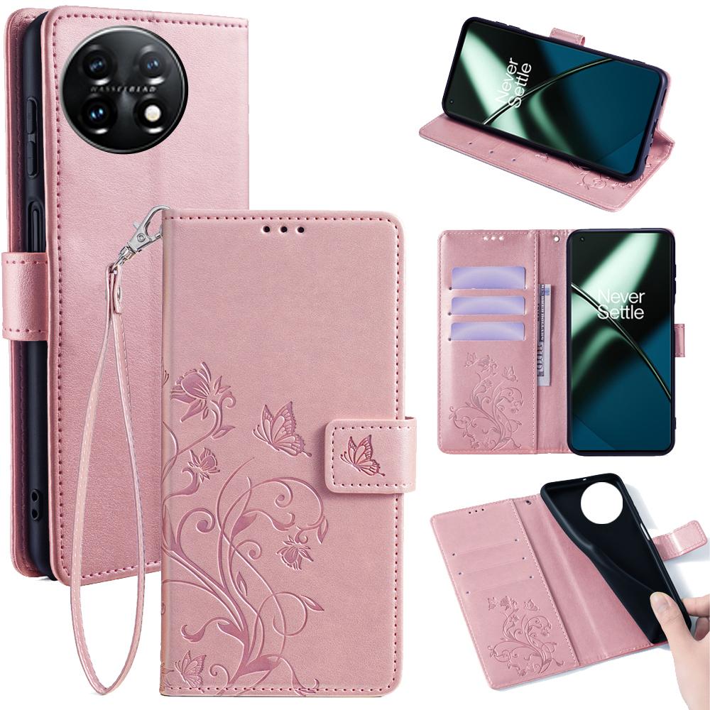 For OnePlus 11 5G Case Butterfly Flower Imprinted PU Leather Flip Phone Cover with 3 Card Slot