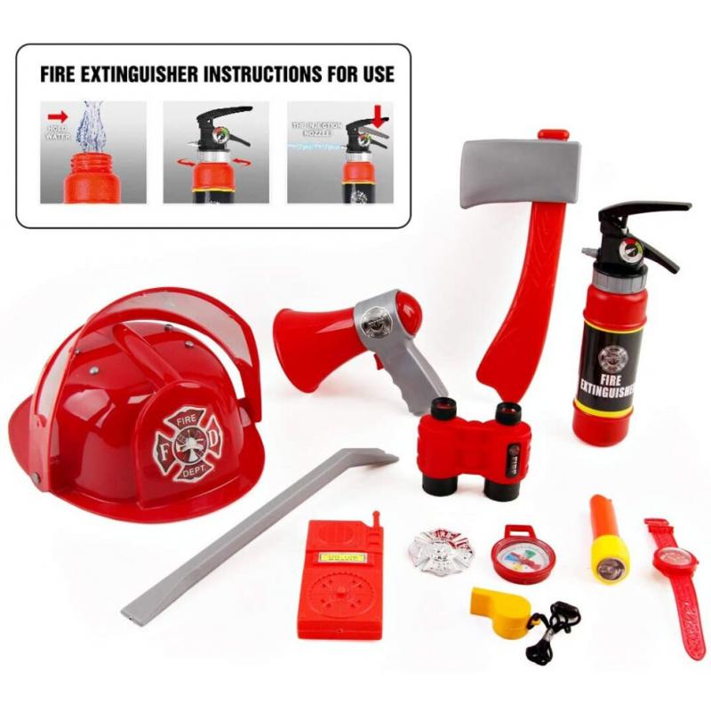 Washable Fireman Costume Set with 13 Fire Fighter Toy Accessories, Storage Backpack and Real Water Shooting Extinguisher - Great for Kids