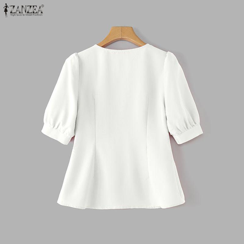 ZANZEA Женская повседневная блузка с круглым вырезом, коротким рукавом, отделкой бисером и баской