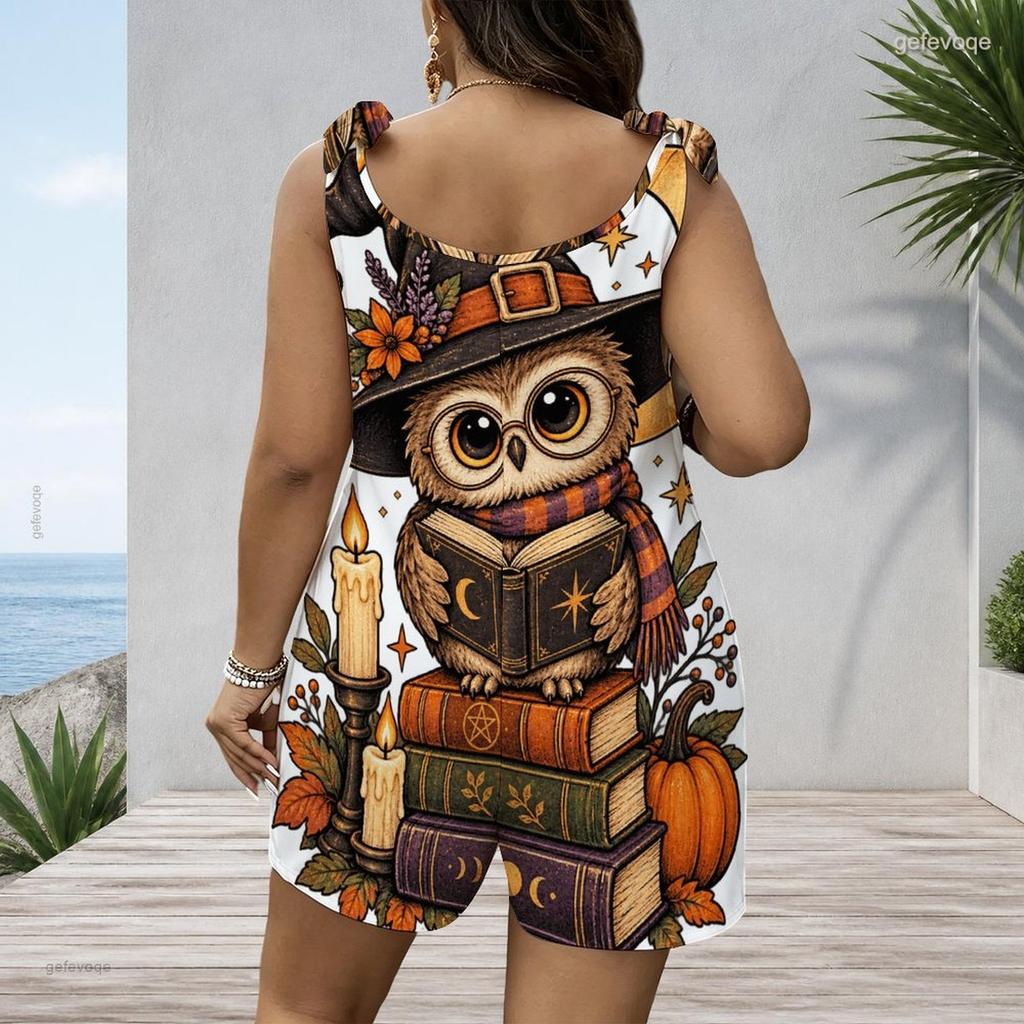 Women Plus Size Crew Neck Tank Romper Butterfly Wings Print Jumpsuit Shorts