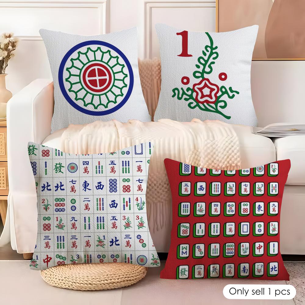 Fun Mahjong Cushion Cover Natural Linen Organic Fabric DoubleSided Printing Couch Pillow Covers Home Decor
