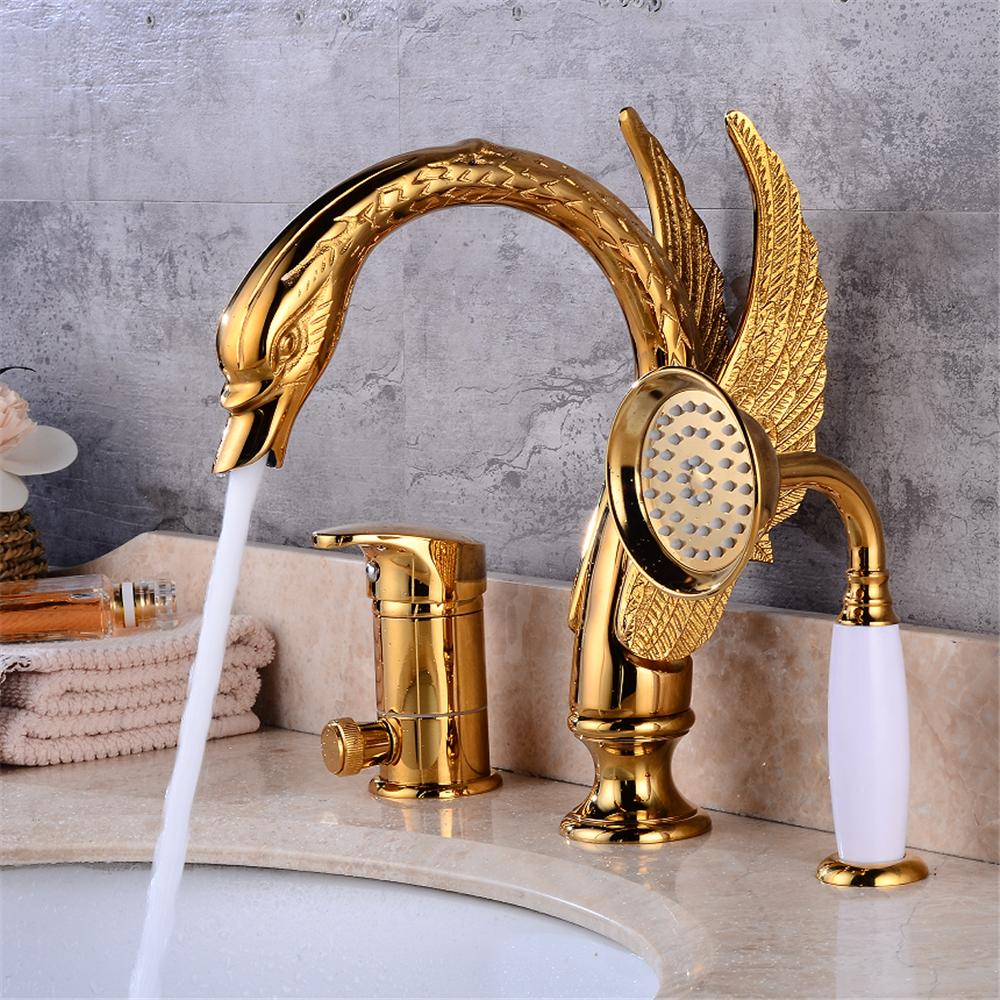 Tuqiu Gold Brass Swan Basin Faucet with Shower Head Bathroom Faucet Sink Mixer Tap Widespread Lavotory Faucet Sink Mixer