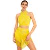 Womens Chacha Salsa Dance Outfit Halter Sleeveless Backless Shiny Ruched Crop Top Tiered Tassels Skirt Built In Shorts