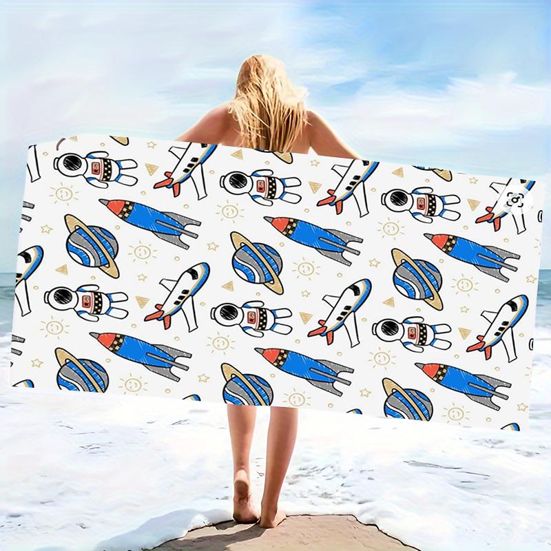 Astronaut Rocket Planet Pattern Beach Towel White Background Space Adventure Theme Large Soft Microfiber Bath Blanket
