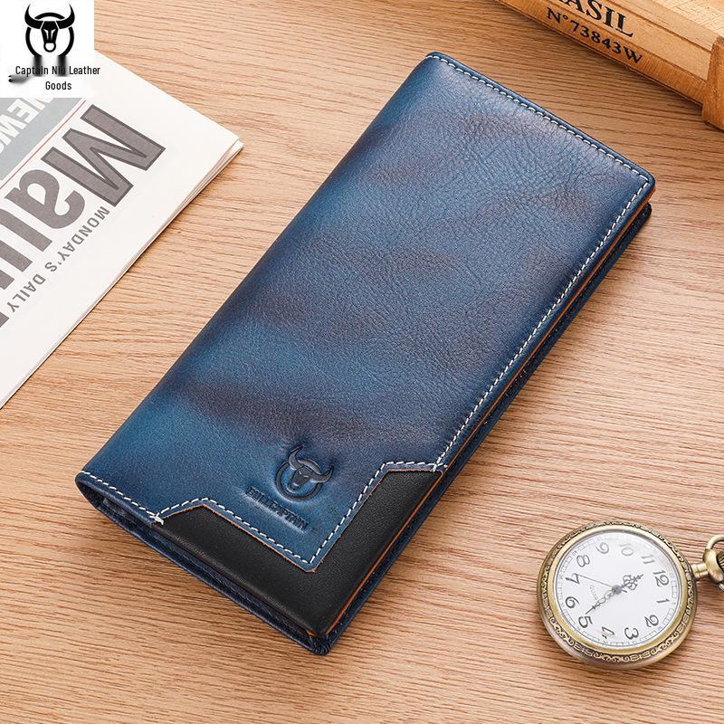 Cow Captain Мужской ретро длинный кошелек-бифолд из натуральной кожи - Масло-воск, Большая вместимость, Отделение для монет