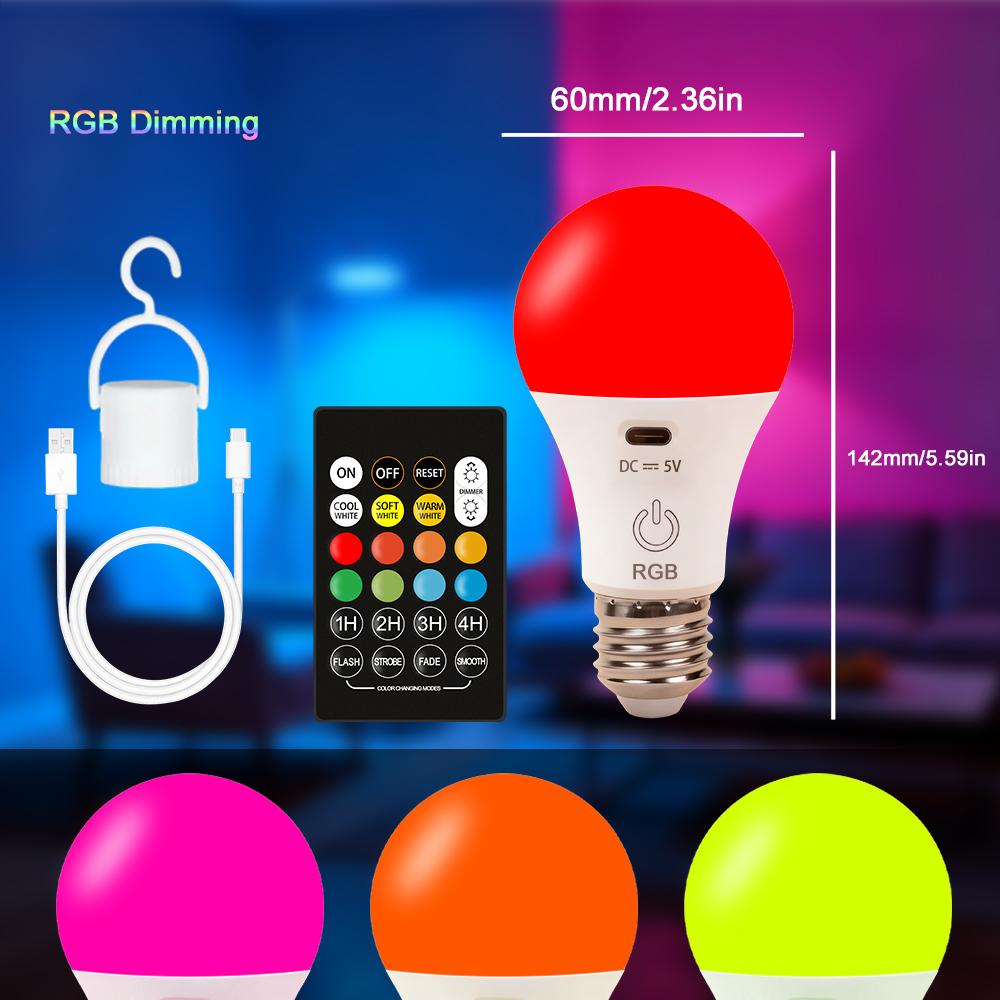 E27 Беспроводная RGB/CW Лампа с бесступенчатой регулировкой яркости, перезаряжаемая через USB, с пультом дистанционного управления, работающая от батареи, диммируемая/таймер