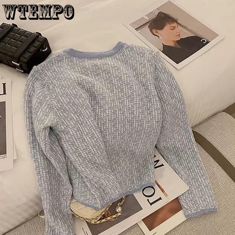 WTEMPO Женский синий свитер с круглым вырезом и жемчужными пуговицами, кардиган с длинными рукавами, повседневные винтажные мешковатые вязаные топы, верхняя одежда