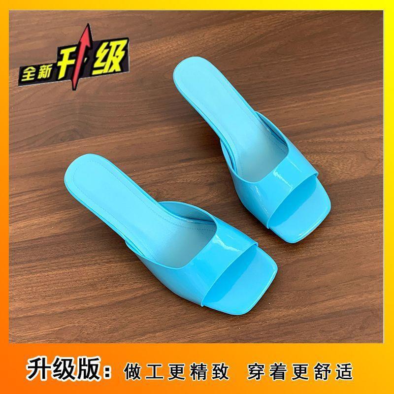 With Skirt Patent Leather Niche Sexy High Heels, Wear Thin Heels Open-toed Square Head One-word Slippers 2025 Summer and Autumn New Models