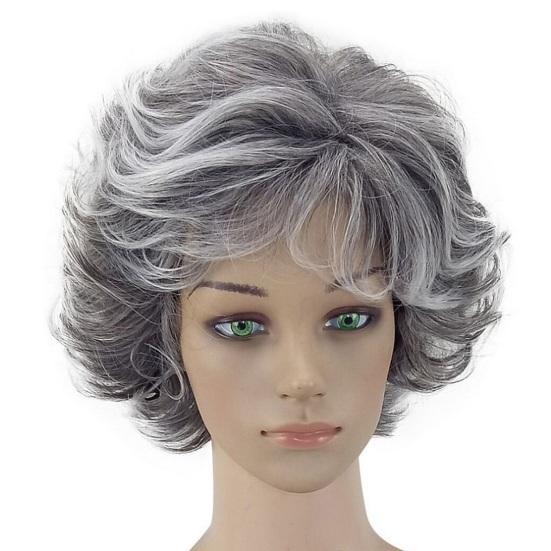 Short Wavy Curly Wigs with Bangs Natural Look High Temperature Silk Hair Wigs Long-Lasting Wear Middle-aged Women Style Fashion Fluffy Silver