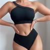 2024 Solid Color Ribbed One-Shoulder High-Waisted Bikini Swimwear