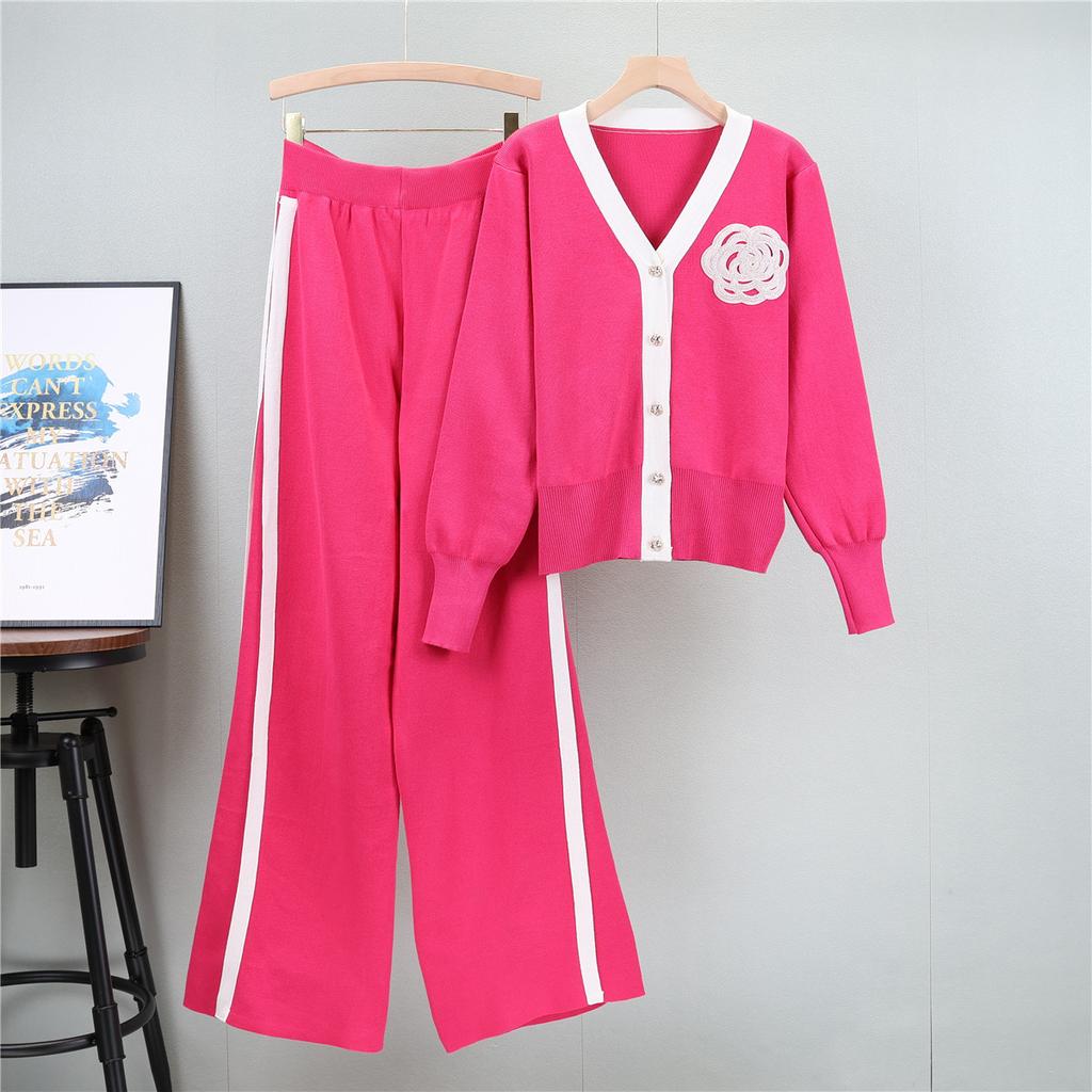 Осенне-зимний женский свитер больших размеров, комплект из кардигана с длинными рукавами и V-образным вырезом, свободные широкие брюки