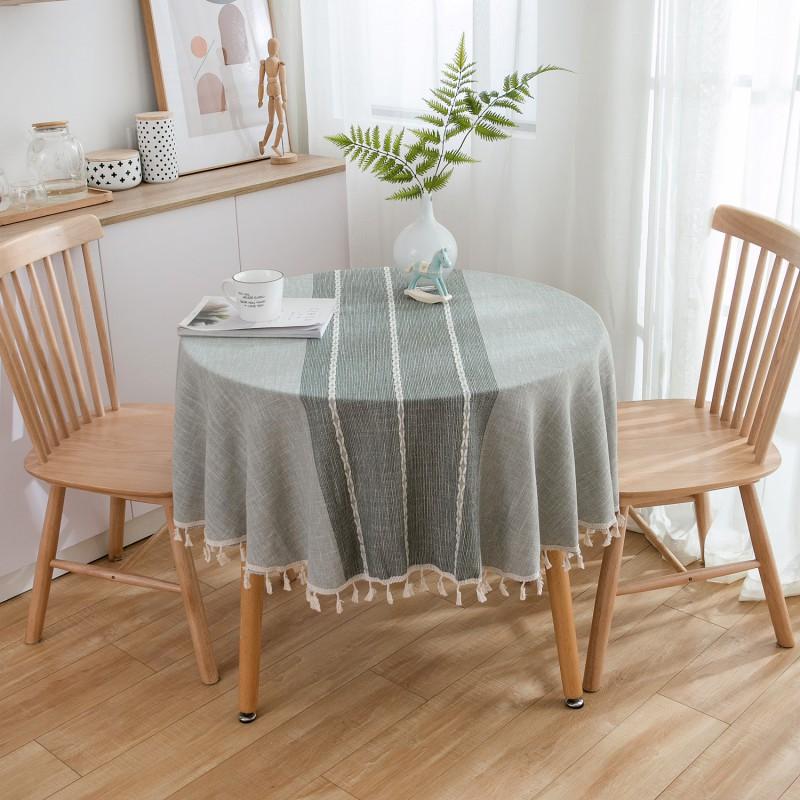 Cotton Linen Tablecloth Round 150cm Gray Coffee Stripe Edge Decorative Dustproof Home Dining Tea Table Cover