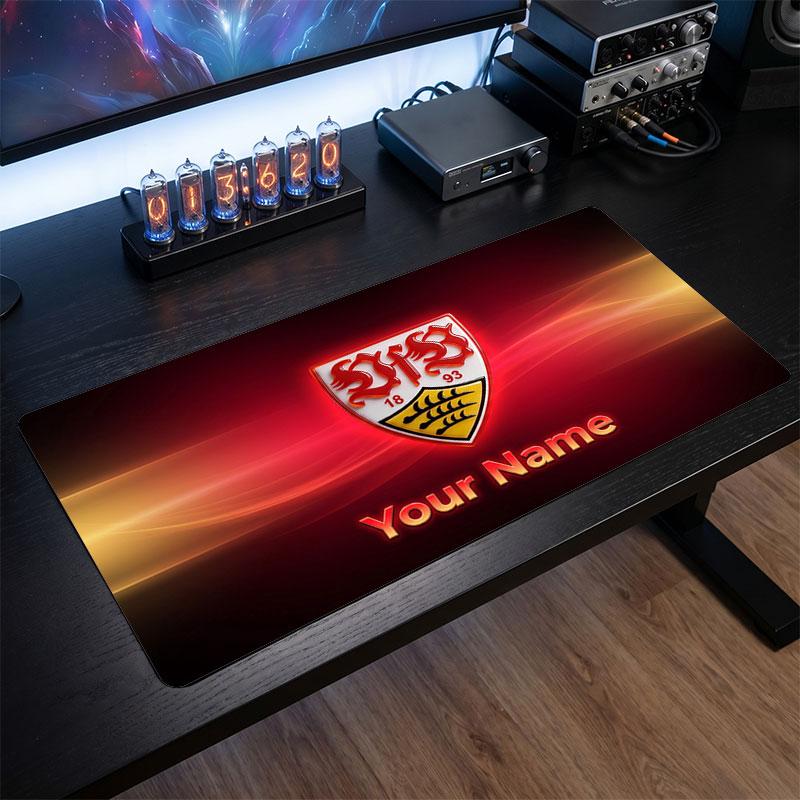 VfB Stuttgart FC Custom Large Mouse Pad, Personalized Name Text Print, Football Logo Non‑Slip Desk Mat Gaming Gift