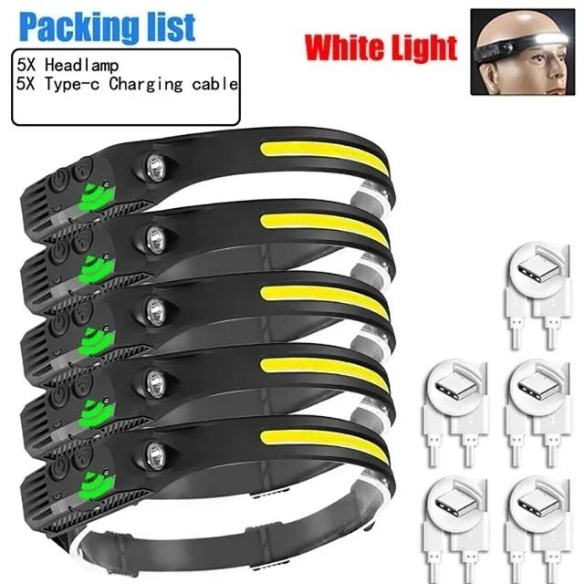 USB Rechargeable LED COB Sensor Headlamp White Light Head Torch Work Lamp Outdoor Waterproof Camping Fishing Lantern Headlight