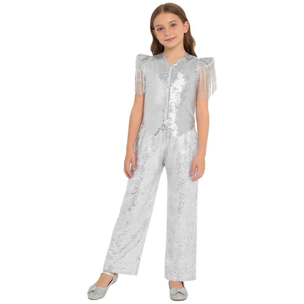 Kids Jazz Dance Costume Set Sequin Embellished Cap Sleeve V Neck Asymmetrical Hem Zip Vest with Elastic Waist Pants for Stage Competition