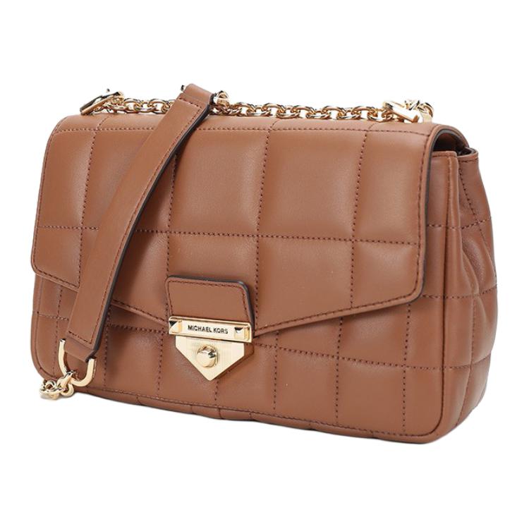 Michael Kors MK Soho Сумка через плечо с клапаном и золотой пряжкой Элегантная однотонная сумка на плечо из натуральной кожи ягненка Сумка-кроссбоди Большая женская сумка Карамельно-коричневая 30F0G1SL3L-230