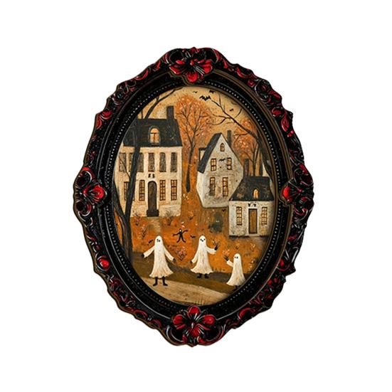 Halloween Seasonal Room Ornaments Wooden Refrigerator Magnets, Vintage Gothic Oval Frame Fridge Magnets with Witch Retro Photo Decor Ghost Castle Art,