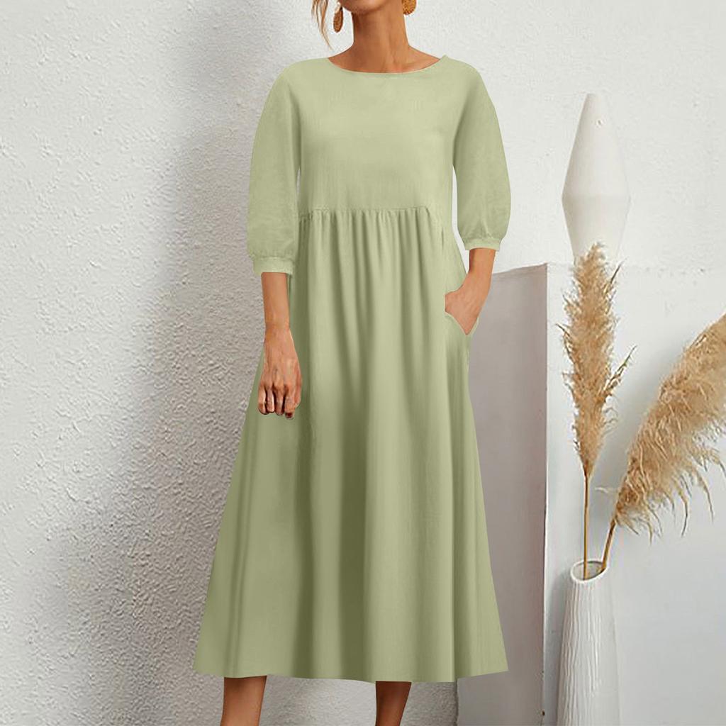 Женское модное однотонное свободное хлопково-льняное длинное платье с карманами и средними рукавами