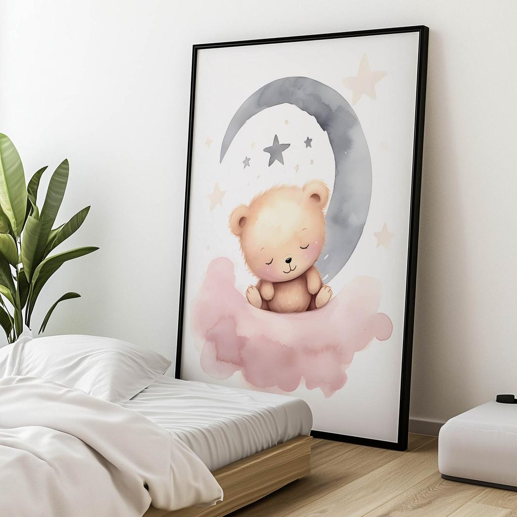 Śpiący Miś Na Różowej Chmurce Śpiący Miś Na Różowej Chmurce, 50X70 Cm, Bez Ramy, Płótno Premium Na Blejtramie