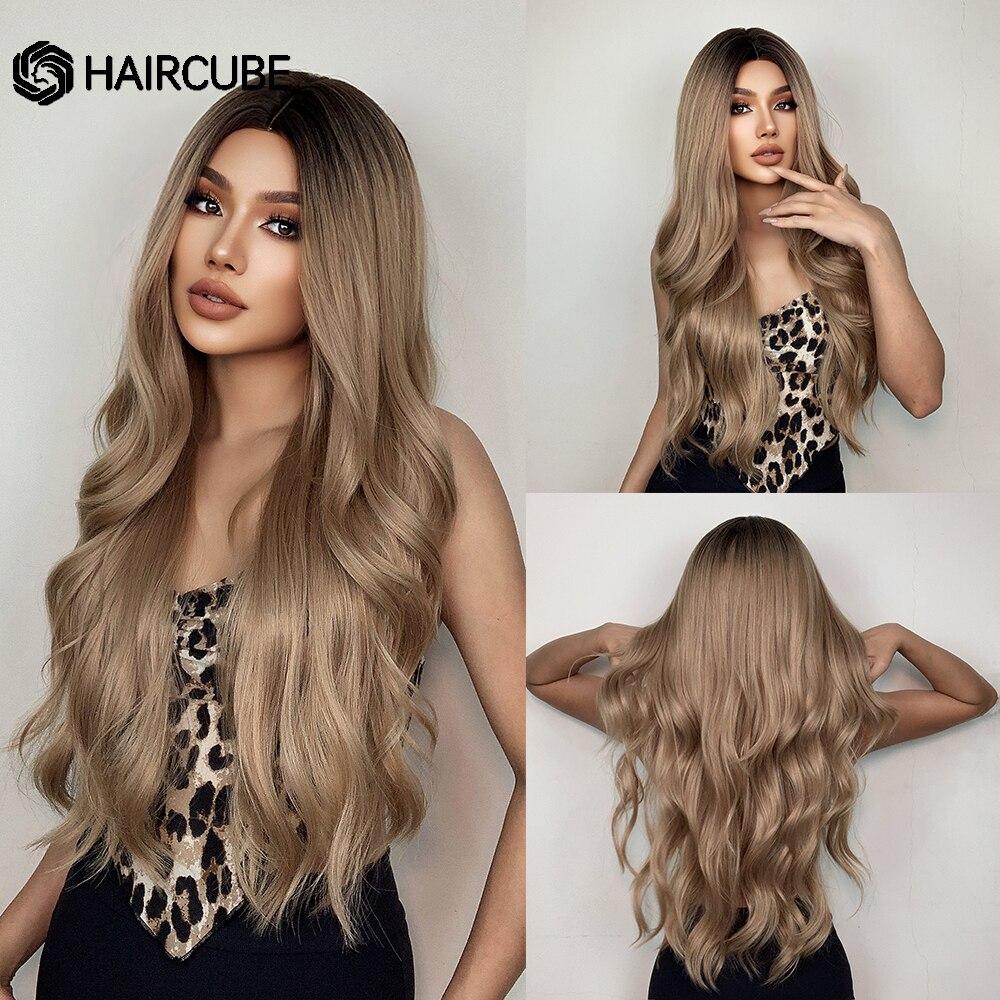 HAIRCUBE Длинный волнистый розовый синтетический парик с омбре с челкой, натуральный парик для женщин, косплей, повседневные, вечерние, термостойкие волосы