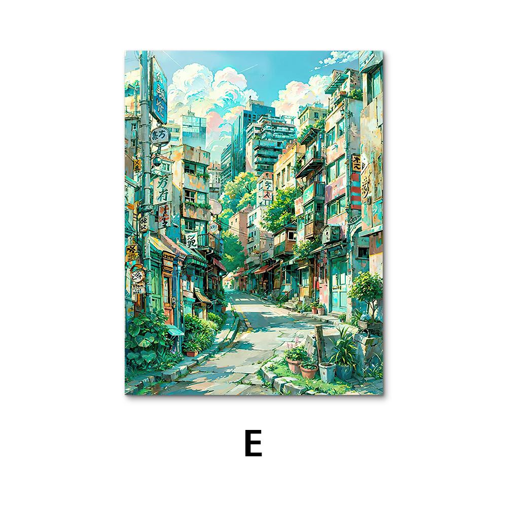 Kawaii Japanese Cherry Blossom Street Canvas Art – Aesthetic Anime Cityscape Wall Poster – Nordic Minimalist Home Print