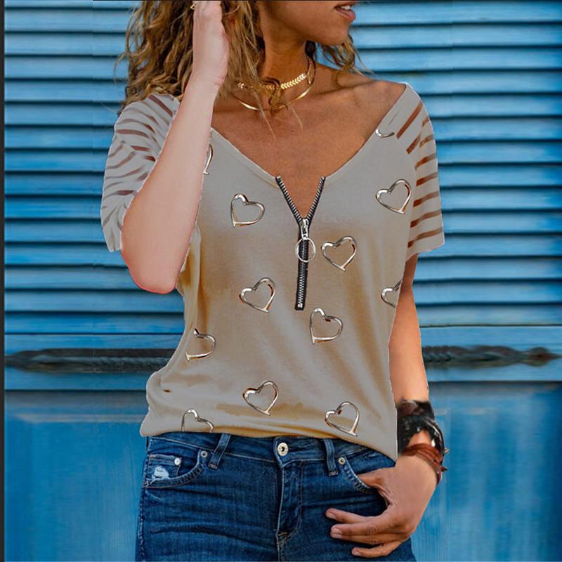 Женские повседневные футболки на молнии, перспективные полосатые футболки с рисунком Love, летние топы с короткими рукавами, большие размеры S-5XL